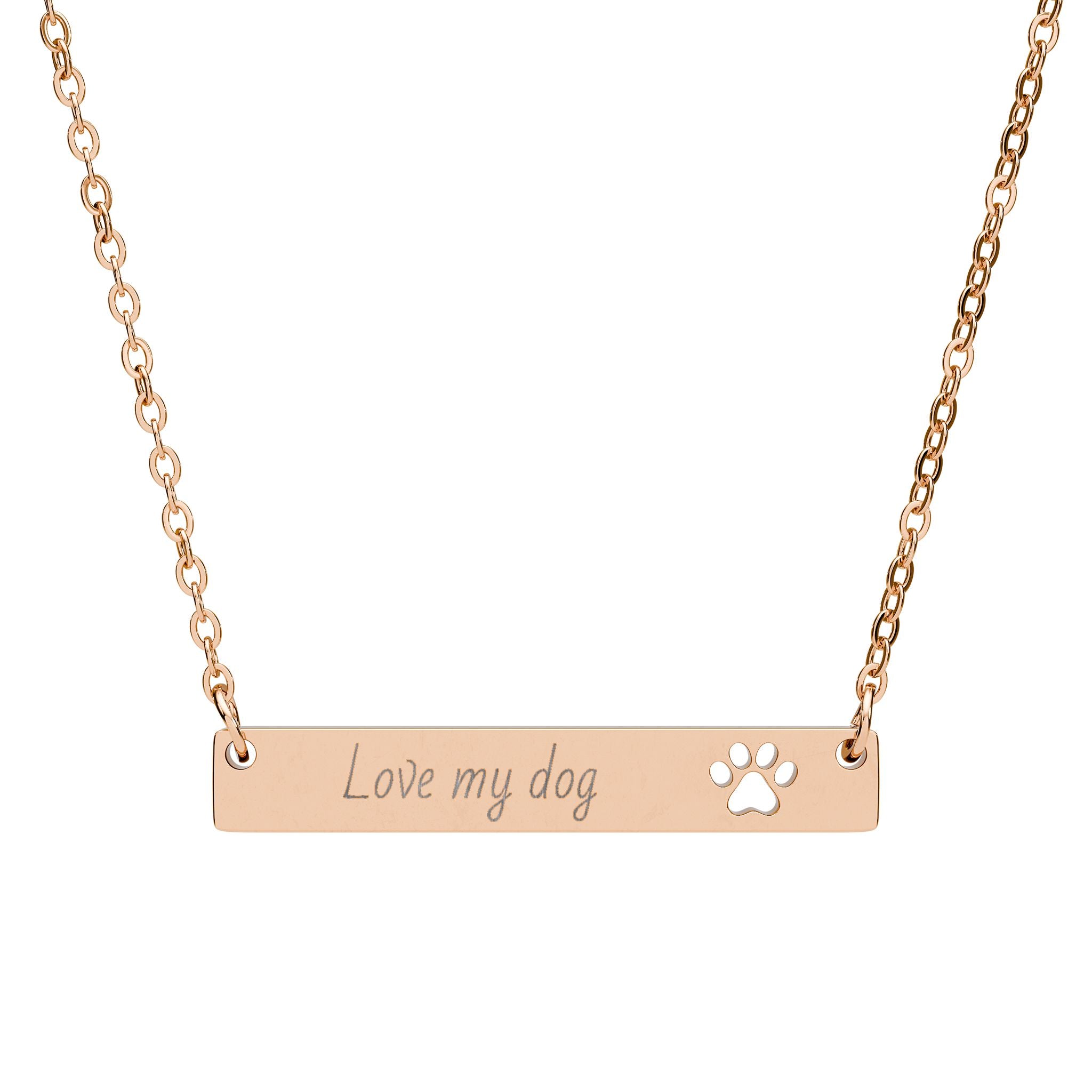 Cutout Paw Bar Necklace — "LOVE MY DOG" Engraved Dog Lover Jewelry