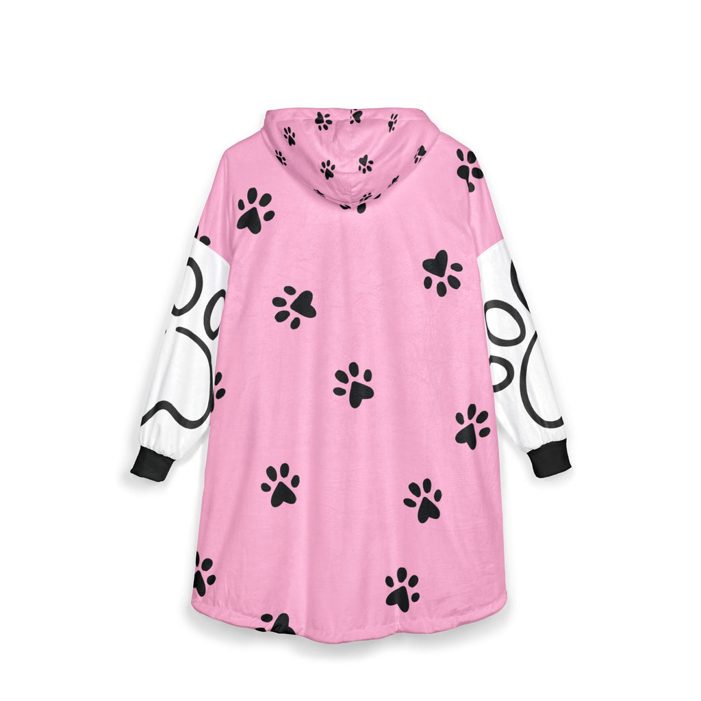 Pet Paw Printed Hooded Blanket — Cozy Pink & White Wearable Throw with Paw and Puppy Design