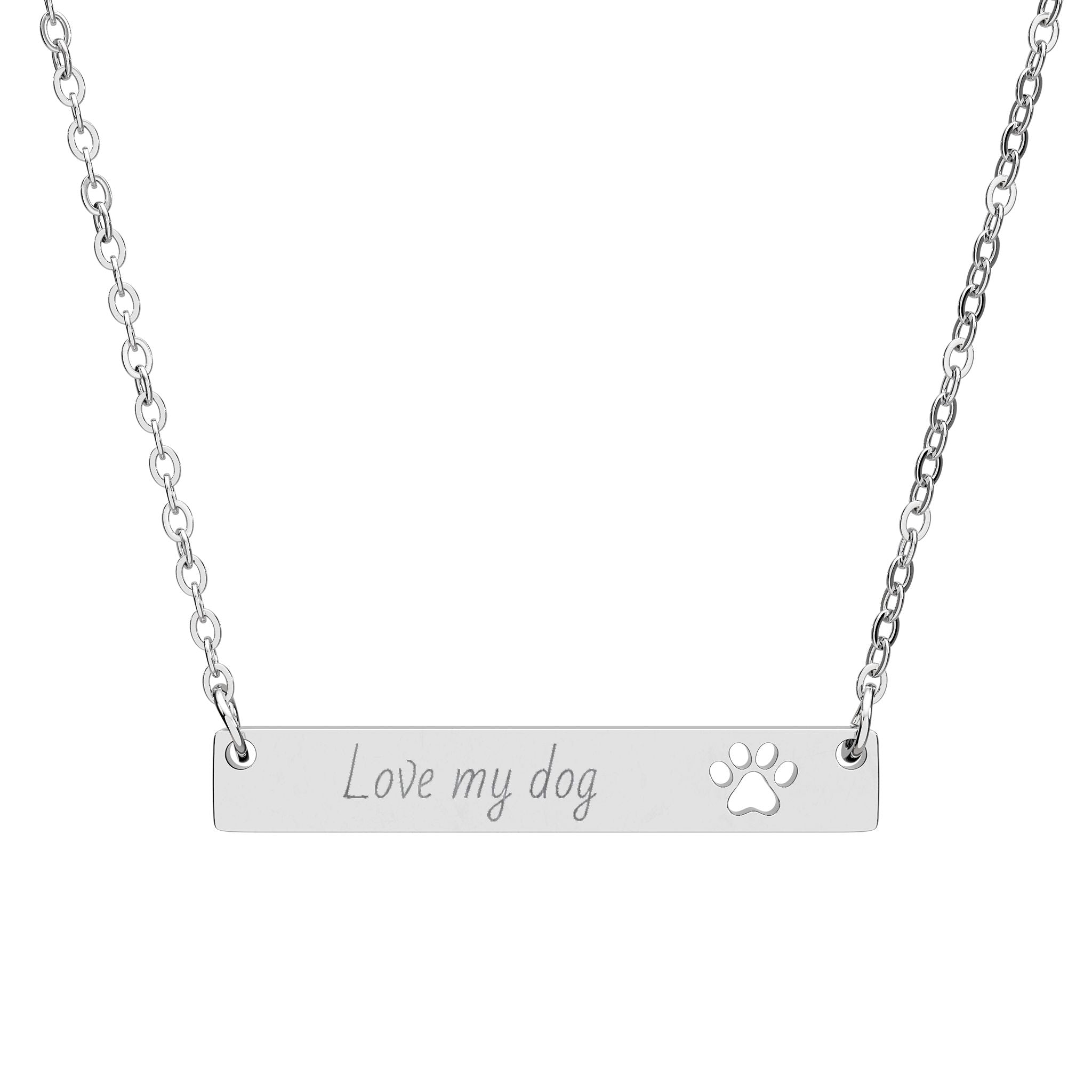 Cutout Paw Bar Necklace — "LOVE MY DOG" Engraved Dog Lover Jewelry