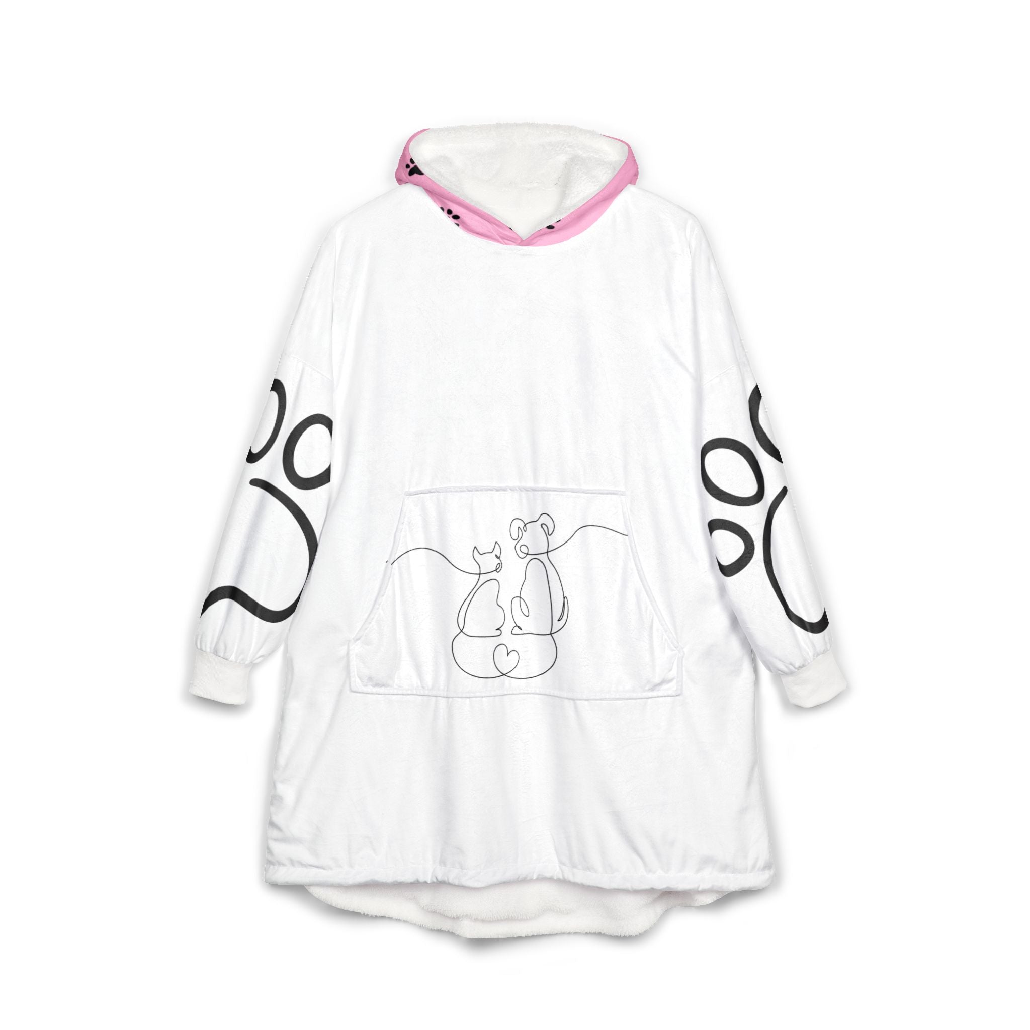 Pet Paw Printed Hooded Blanket — Cozy Pink & White Wearable Throw with Paw and Puppy Design