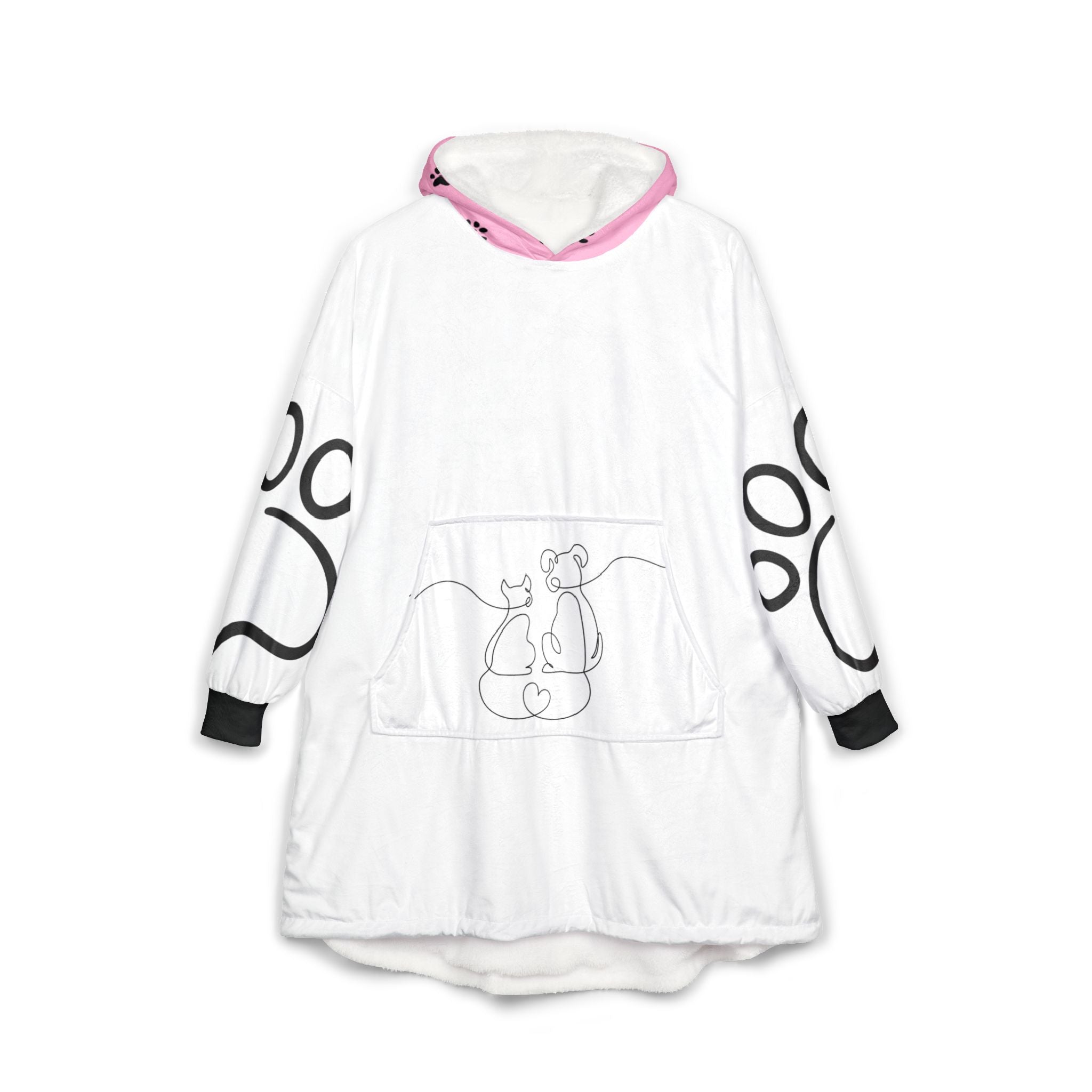 Pet Paw Printed Hooded Blanket — Cozy Pink & White Wearable Throw with Paw and Puppy Design