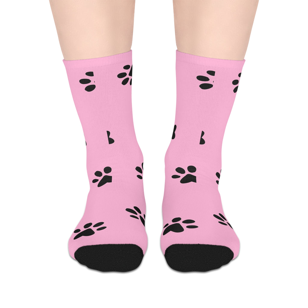 Pink Paw Print Socks — Mid-Length Cute Animal Lover Crew Socks