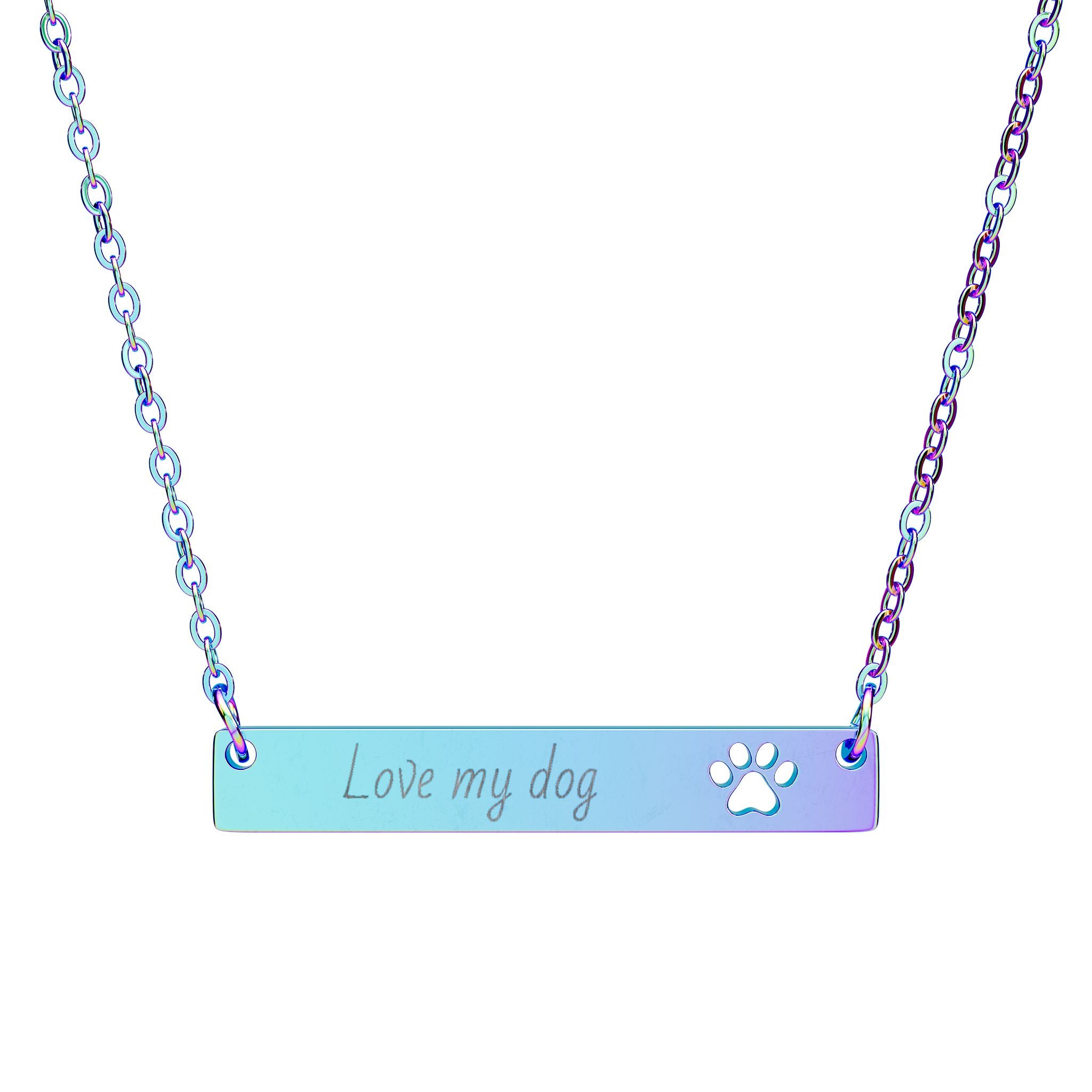 Cutout Paw Bar Necklace — "LOVE MY DOG" Engraved Dog Lover Jewelry