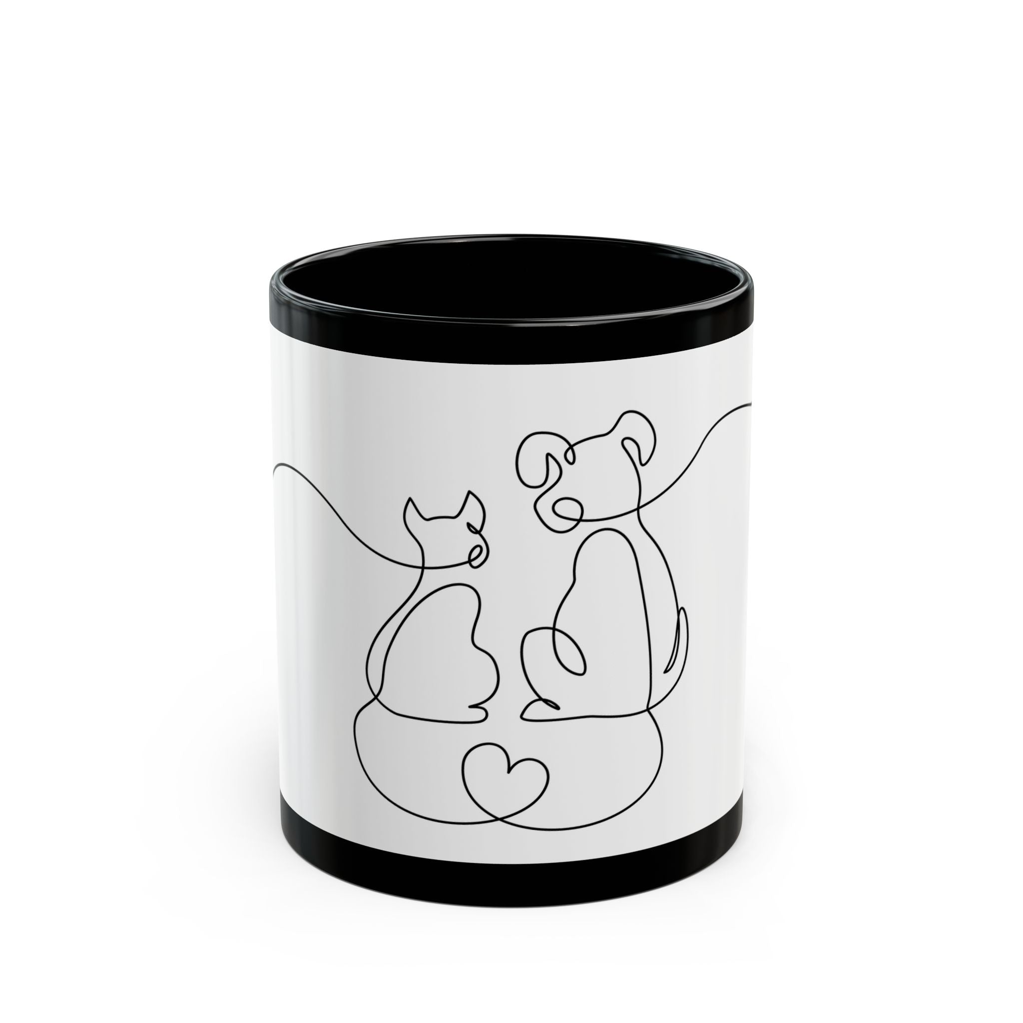 Pet Love Line Art Mug – Minimalist Cat & Dog Heart Coffee Cup (11oz/15oz)