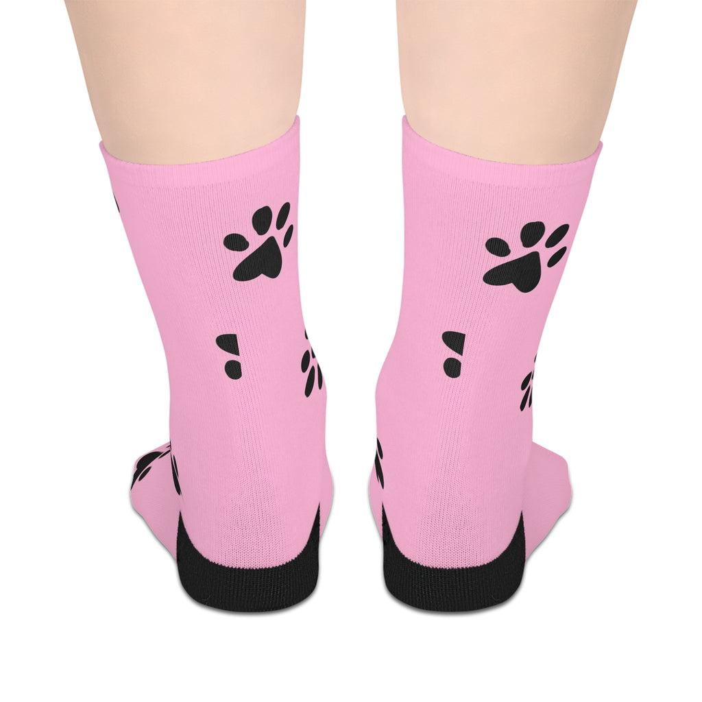 Pink Paw Print Socks — Mid-Length Cute Animal Lover Crew Socks