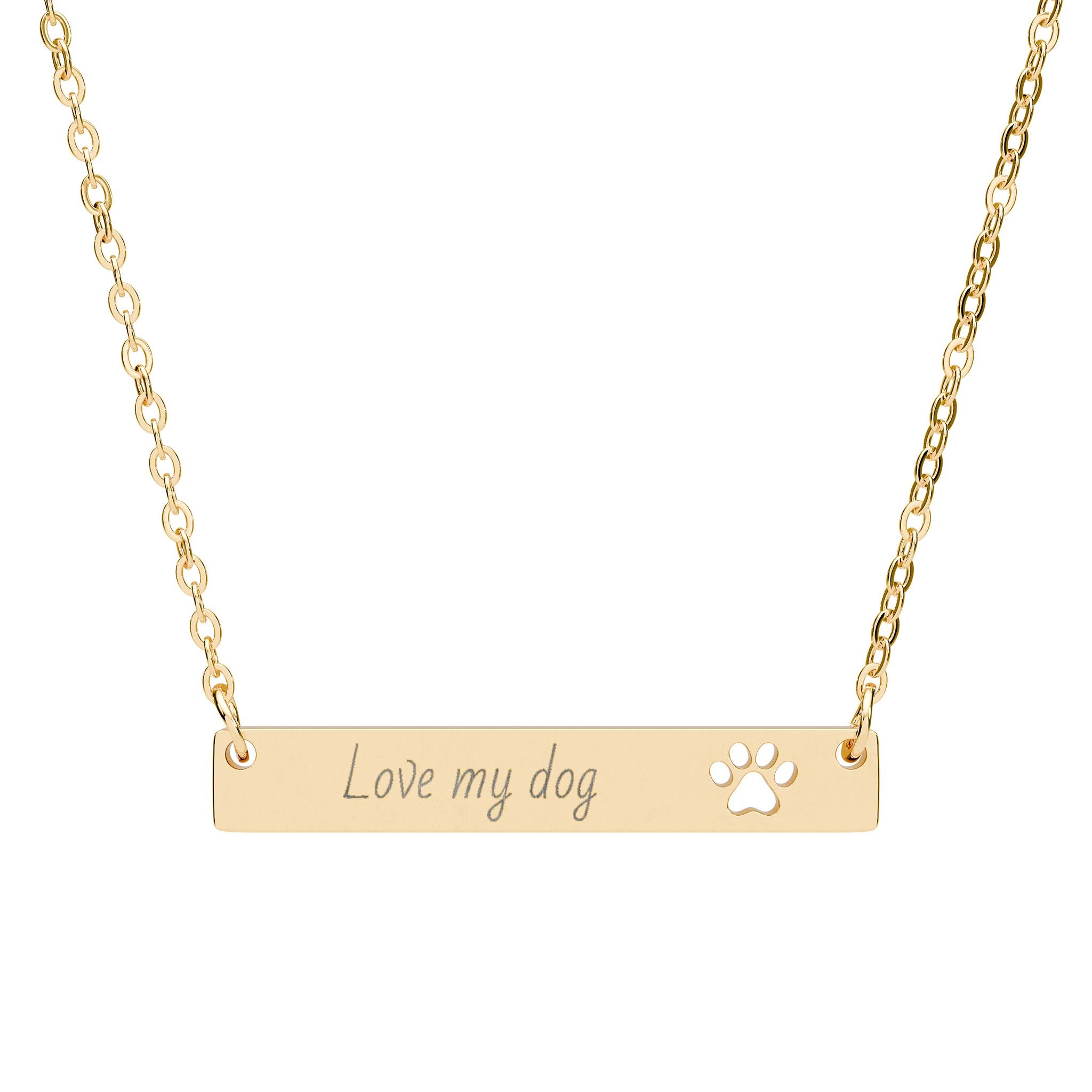 Cutout Paw Bar Necklace — "LOVE MY DOG" Engraved Dog Lover Jewelry