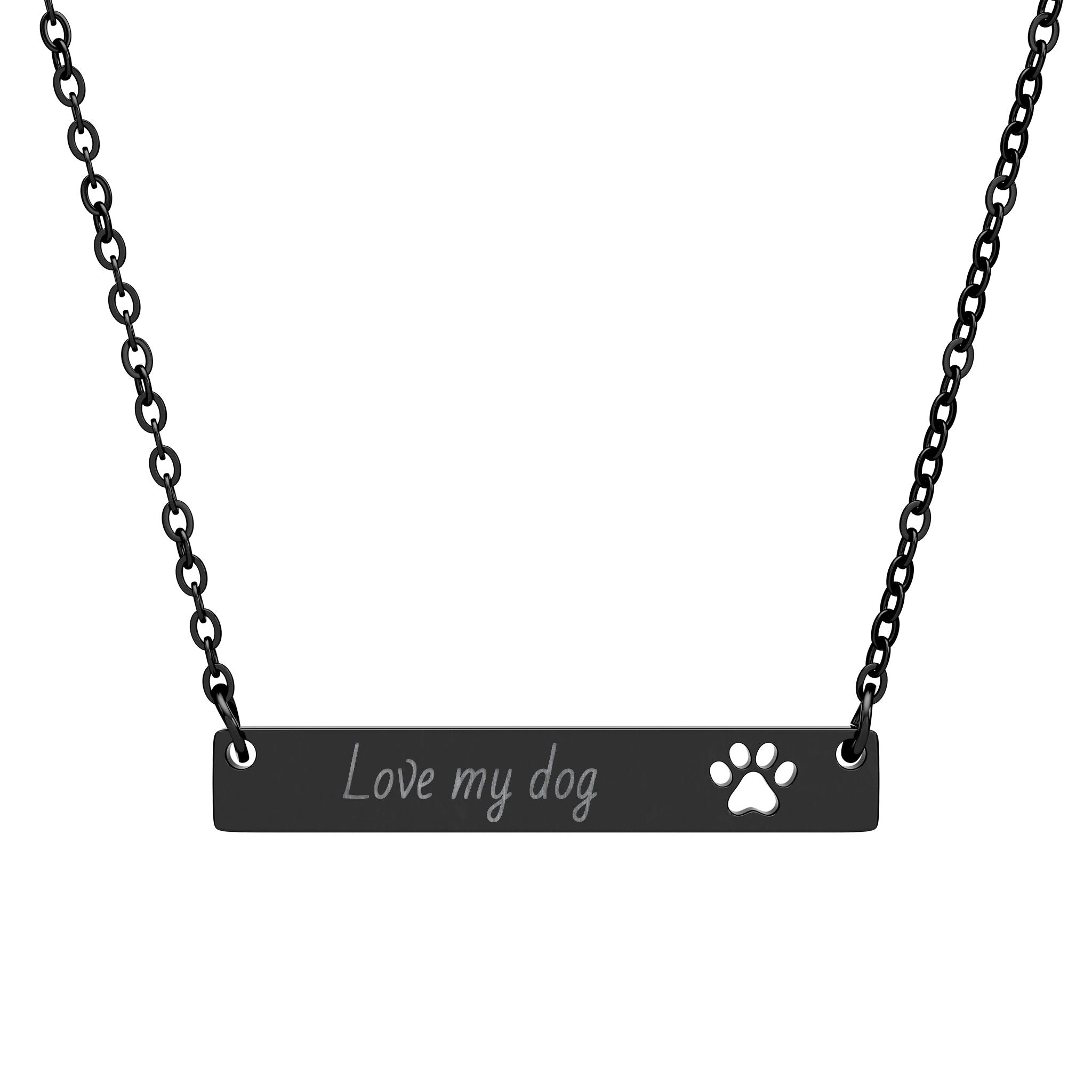 Cutout Paw Bar Necklace — "LOVE MY DOG" Engraved Dog Lover Jewelry
